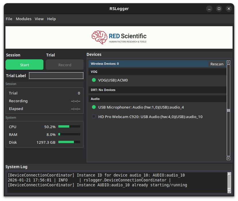 RSLogger main window showing connected devices and session controls