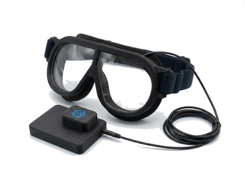 Visual Occlusion Goggles in open (clear) state with controller